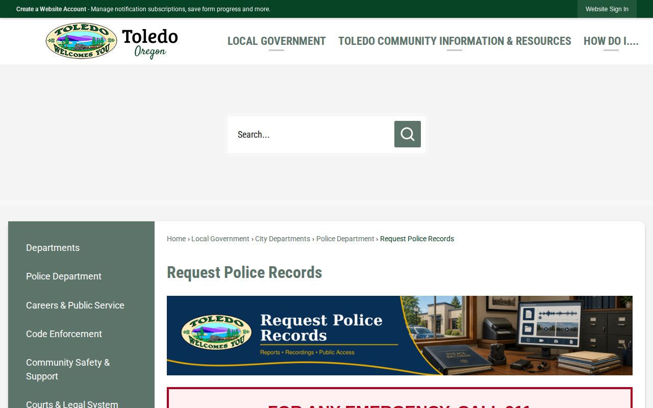 Toledo Police records request page for Toledo arrest records