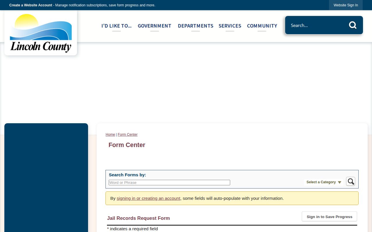 Lincoln County Jail records request form for booking records